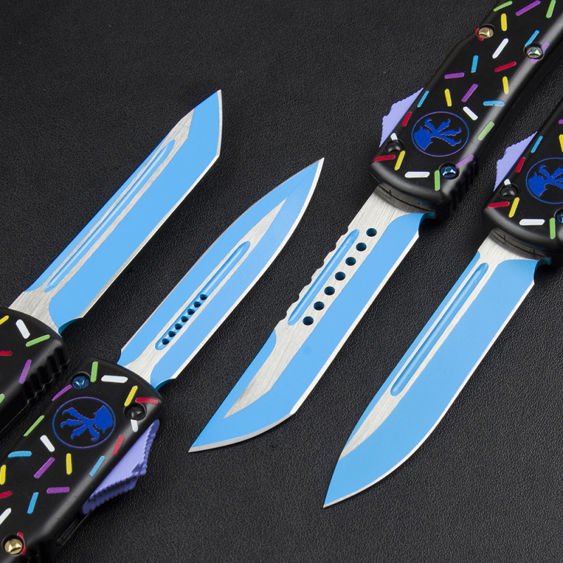 Microtech Black Donut UTX-70 AUTO OTF Knife 3.34" 440C Plain Blade, Zinc Alloy Handles