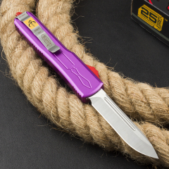 Microtech Purple UTX-70 AUTO OTF Knife 3.46" D2 Point Plain Blade, Aviation Aluminum Handles