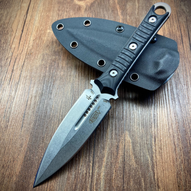 Microtech/Borka Blades SBD Fixed Blade Knife 4.33" M390 Dagger Blade, Milled Black G10 Handles