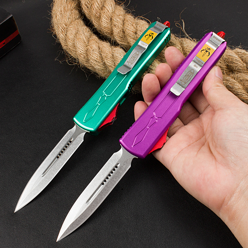 Microtech Bounty Hunter AUTO OTF Knife 3.46" D2 Point Plain Blade, Aviation Aluminum Handles