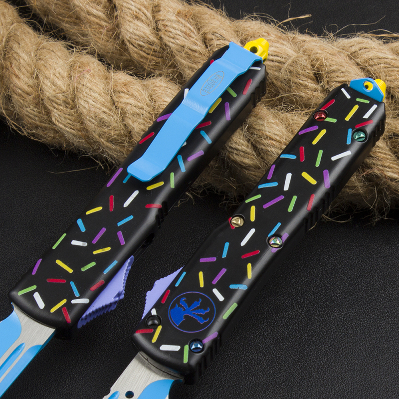 Microtech Black Donut UTX-70 AUTO OTF Knife 3.34" 440C Plain Blade, Zinc Alloy Handles