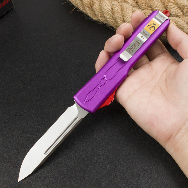 Microtech Purple UTX-70 AUTO OTF Knife 3.46" D2 Point Plain Blade, Aviation Aluminum Handles