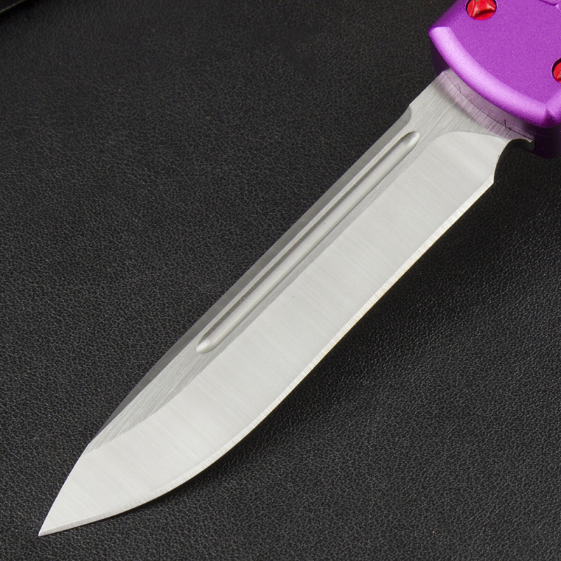 Microtech Purple UTX-70 AUTO OTF Knife 3.46" D2 Point Plain Blade, Aviation Aluminum Handles