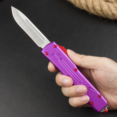 Microtech Purple UTX-70 AUTO OTF Knife 3.46" D2 Point Plain Blade, Aviation Aluminum Handles