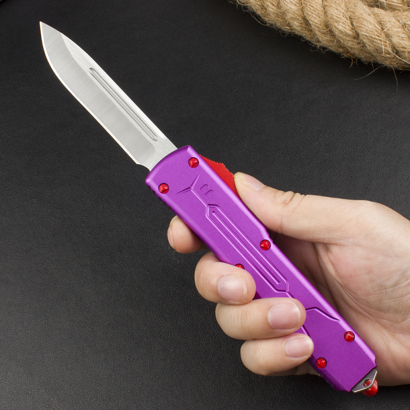 Microtech Purple UTX-70 AUTO OTF Knife 3.46" D2 Point Plain Blade, Aviation Aluminum Handles