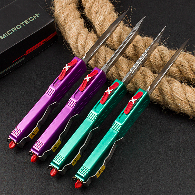 Microtech Bounty Hunter AUTO OTF Knife 3.46" D2 Point Plain Blade, Aviation Aluminum Handles