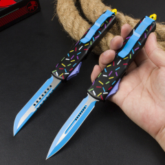 Microtech Black Donut UTX-70 AUTO OTF Knife 3.34" 440C Plain Blade, Zinc Alloy Handles