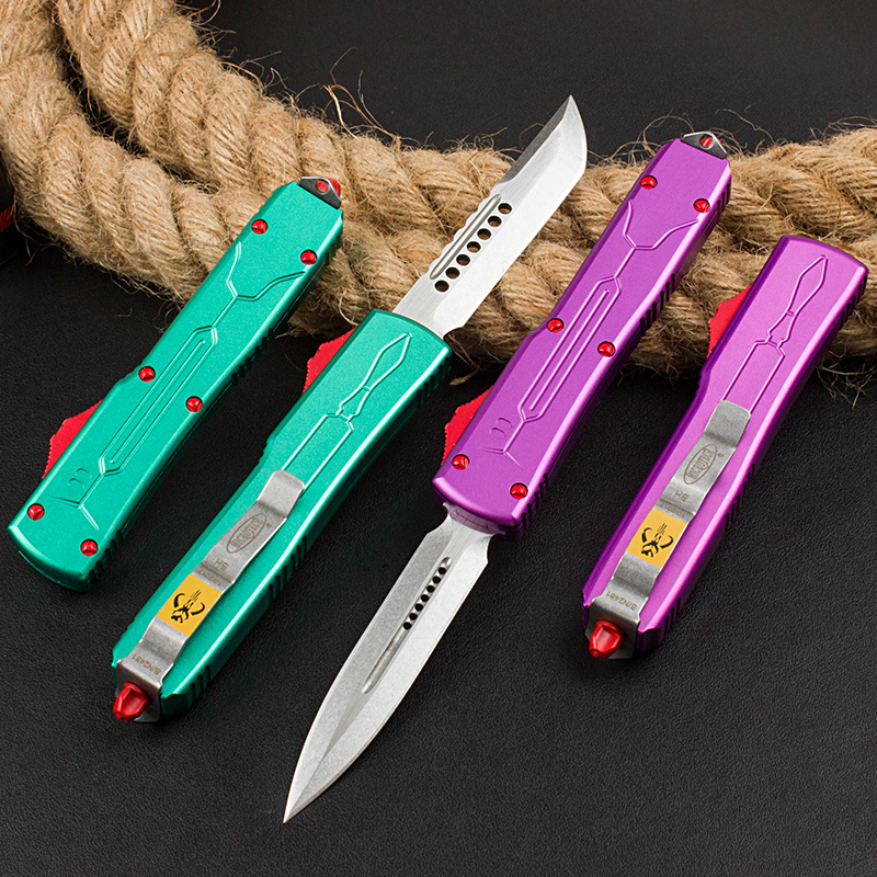 Microtech Bounty Hunter AUTO OTF Knife 3.46" D2 Point Plain Blade, Aviation Aluminum Handles