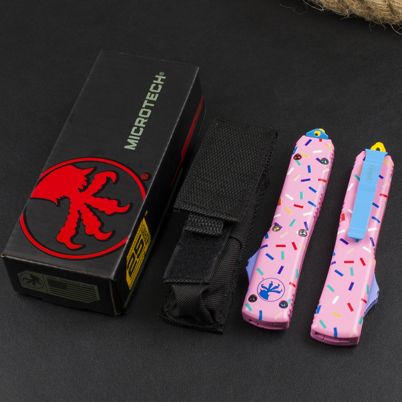 Microtech Donut UTX-70 AUTO OTF Knife 3.34" 440C Plain Blade, Zinc Alloy Handles