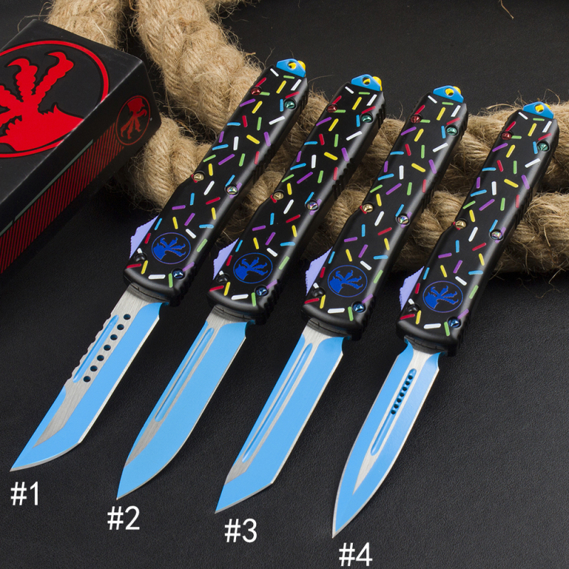 Microtech Black Donut UTX-70 AUTO OTF Knife 3.34" 440C Plain Blade, Zinc Alloy Handles