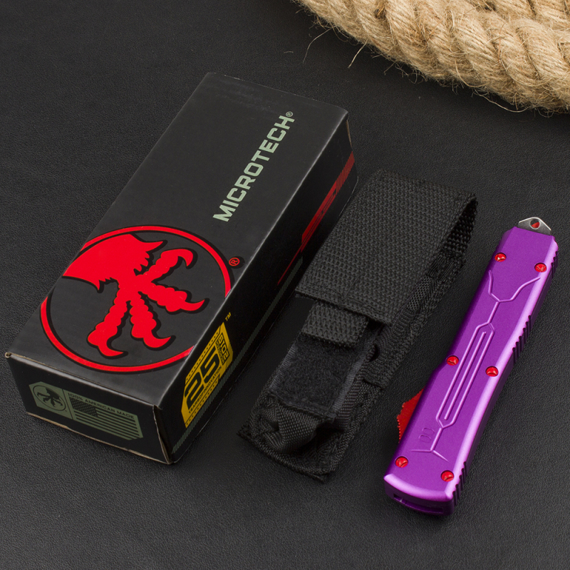 Microtech Purple UTX-70 AUTO OTF Knife 3.46" D2 Point Plain Blade, Aviation Aluminum Handles