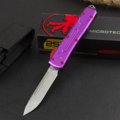 Microtech Purple UTX-70 AUTO OTF Knife 3.46" D2 Point Plain Blade, Aviation Aluminum Handles