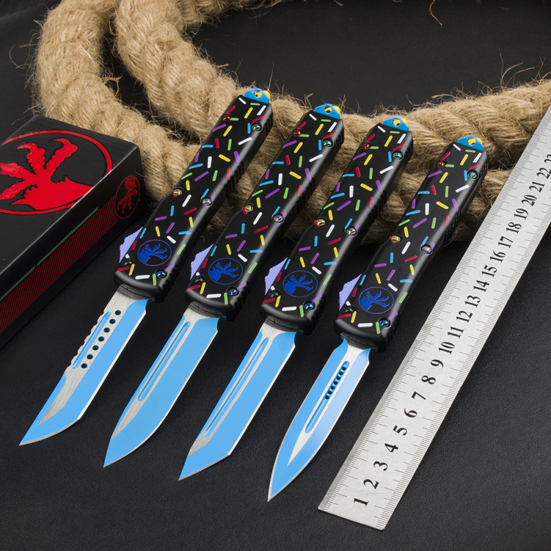 Microtech Black Donut UTX-70 AUTO OTF Knife 3.34" 440C Plain Blade, Zinc Alloy Handles