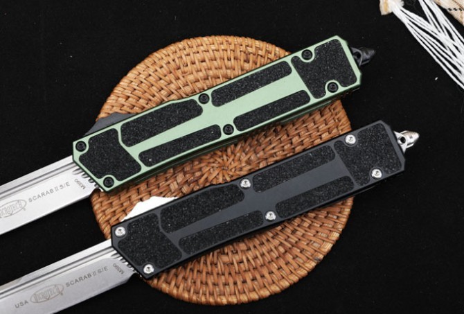 Microtech Scarab II Gen III AUTO OTF Knife 3.85" M390 Stonewashed Drop Point Blade, Aviation Aluminum Handles