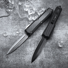 Microtech Makora II OTF AUTO Knife 3.3" D2 Dagger Blade, Black Aviation Aluminum+Carbon Fiber Handles