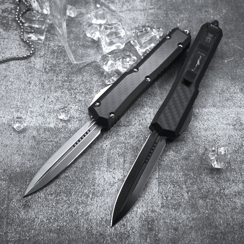 Microtech Makora II OTF AUTO Knife 3.3" D2 Dagger Blade, Black Aviation Aluminum+Carbon Fiber Handles