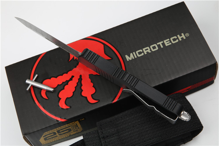 Microtech Hellhound AUTO OTF Knife 3.14" Damascus Plain Blade, Aviation Aluminum Handles