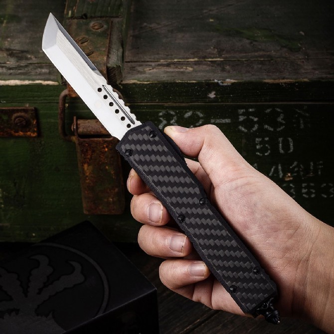 Microtech Navy Hellhound OTF AUTO Knife 3.50" D2 Plain Blade, Aviation Aluminum+Carbon FIber Handles