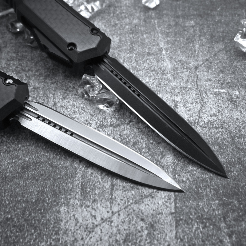Microtech Makora II OTF AUTO Knife 3.3" D2 Dagger Blade, Black Aviation Aluminum+Carbon Fiber Handles