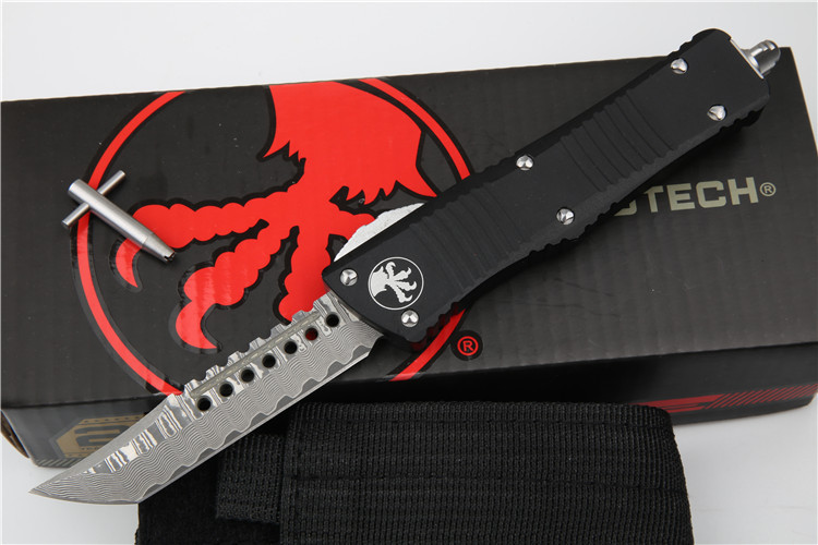 Microtech Hellhound AUTO OTF Knife 3.14" Damascus Plain Blade, Aviation Aluminum Handles