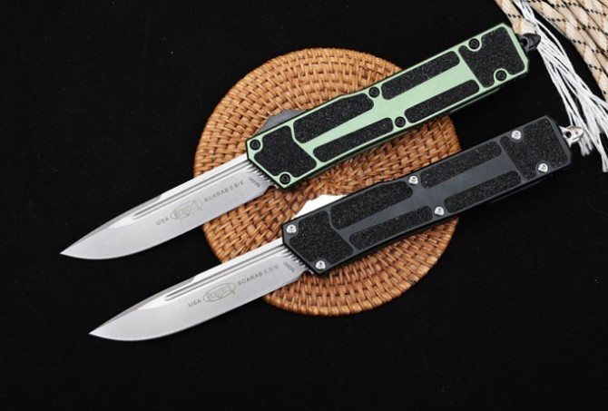 Microtech Scarab II Gen III AUTO OTF Knife 3.85" M390 Stonewashed Drop Point Blade, Aviation Aluminum Handles