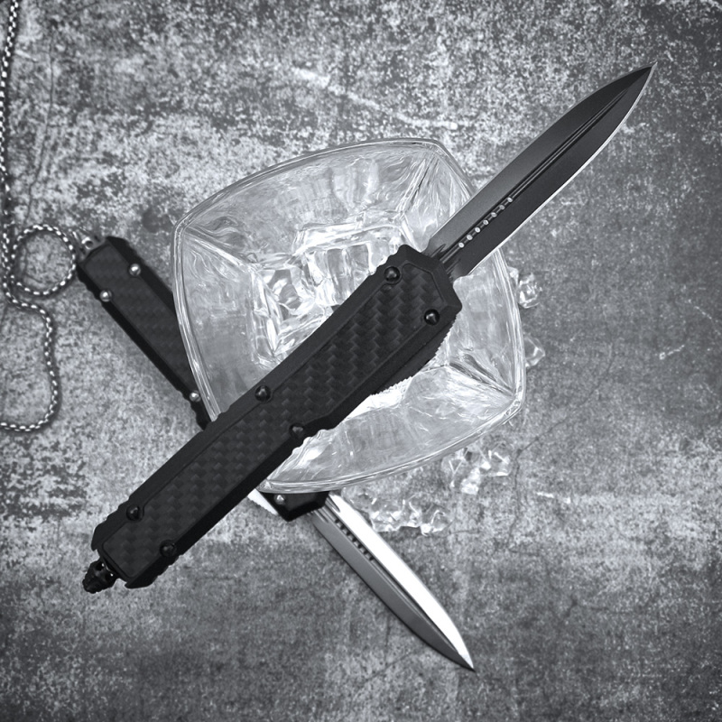 Microtech Makora II OTF AUTO Knife 3.3" D2 Dagger Blade, Black Aviation Aluminum+Carbon Fiber Handles