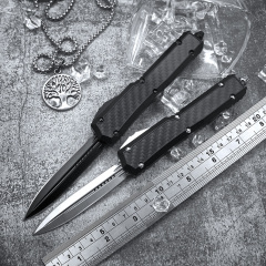 Microtech Makora II OTF AUTO Knife 3.3" D2 Dagger Blade, Black Aviation Aluminum+Carbon Fiber Handles