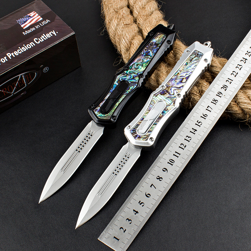 Microtech Abalone AUTO OTF Knife 3.74" 440C Plain Blade, Zinc Alloy Handles