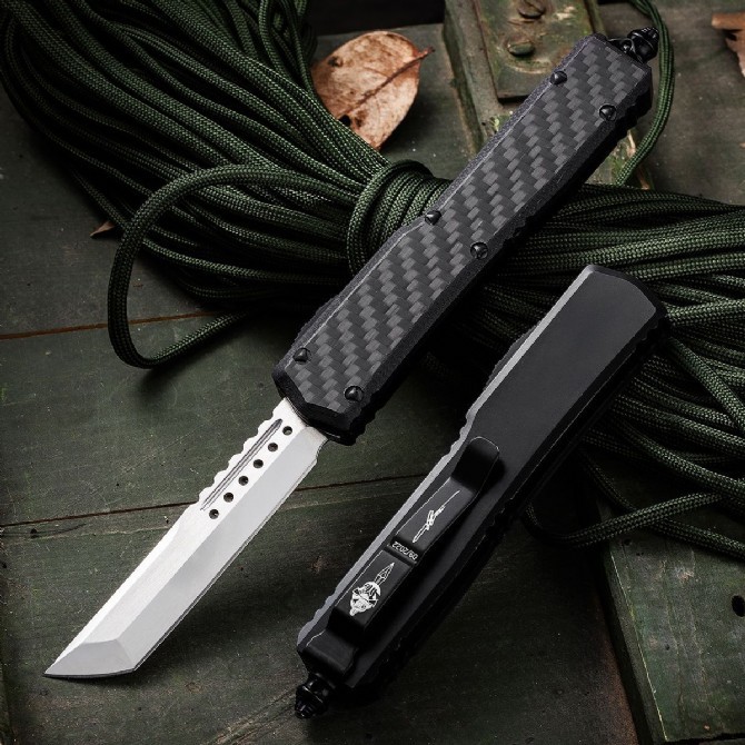 Microtech Navy Hellhound OTF AUTO Knife 3.50" D2 Plain Blade, Aviation Aluminum+Carbon FIber Handles