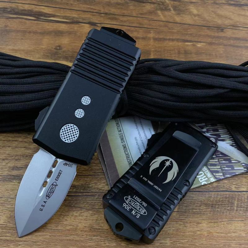Microtech Mini  Exocet OTF Money Clip AUTO Knife 1.96" 204P Blade, Aviation Aluminum Handles