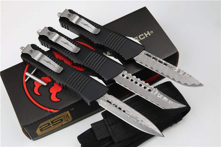 Microtech Hellhound AUTO OTF Knife 3.14" Damascus Plain Blade, Aviation Aluminum Handles