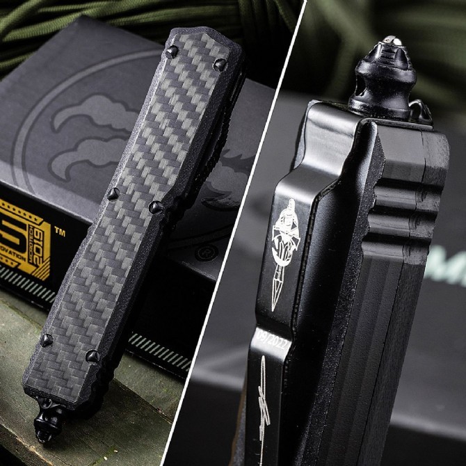 Microtech Navy Hellhound OTF AUTO Knife 3.50" D2 Plain Blade, Aviation Aluminum+Carbon FIber Handles