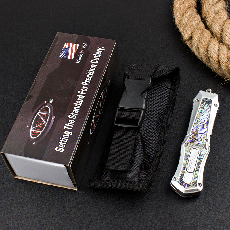 Microtech Abalone AUTO OTF Knife 3.74" 440C Plain Blade, Zinc Alloy Handles