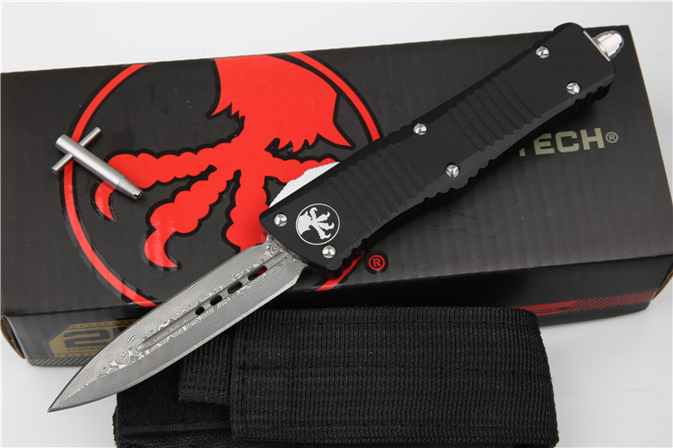 Microtech Hellhound AUTO OTF Knife 3.14" Damascus Plain Blade, Aviation Aluminum Handles