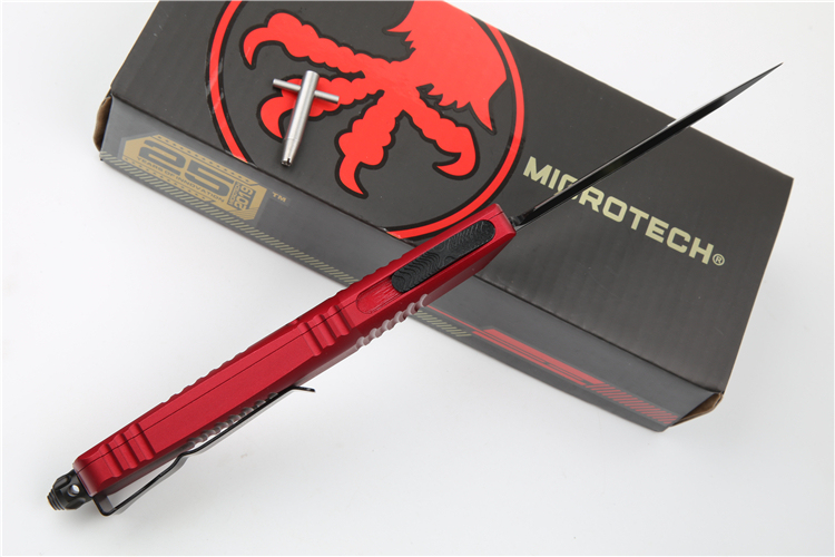 Microtech Troodon AUTO OTF Knife 3.74" M390 Satin Double Edge Dagger Blade, Aviation Aluminum Handles