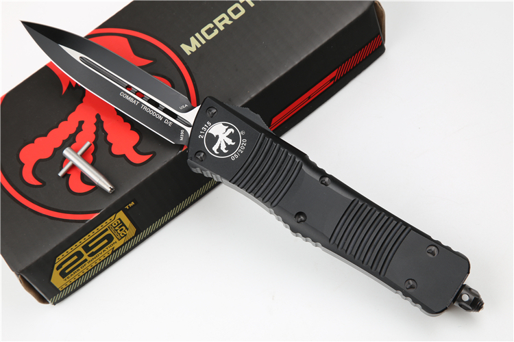 Microtech Troodon AUTO OTF Knife 3.74" M390 Satin Double Edge Dagger Blade, Aviation Aluminum Handles