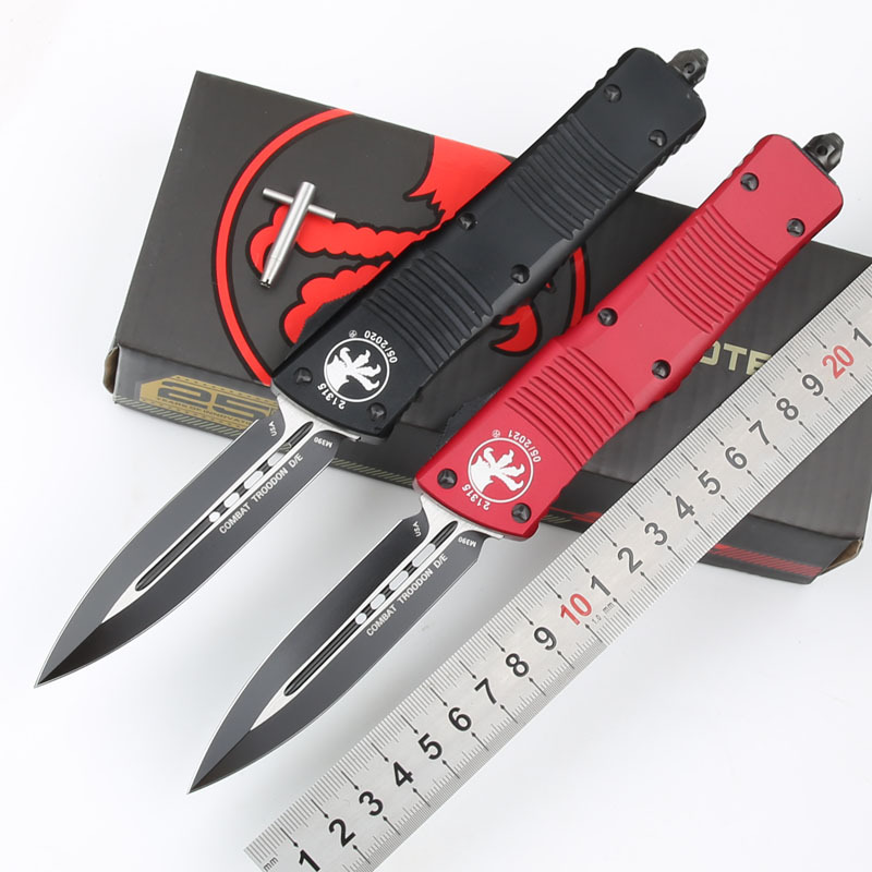 Microtech Troodon AUTO OTF Knife 3.74" M390 Satin Double Edge Dagger Blade, Aviation Aluminum Handles