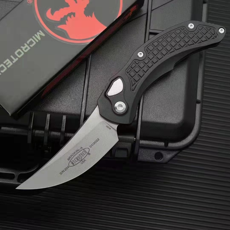 Microtech Brachial AUTO Folding Knife 3.34" M390 Stonewashed Trailing Point Blade, Aviation Aluminum Handles