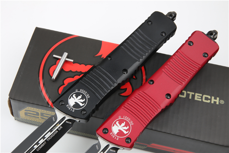 Microtech Troodon AUTO OTF Knife 3.74" M390 Satin Double Edge Dagger Blade, Aviation Aluminum Handles