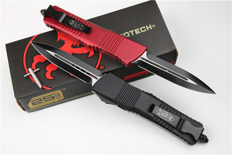 Microtech Troodon AUTO OTF Knife 3.74" M390 Satin Double Edge Dagger Blade, Aviation Aluminum Handles