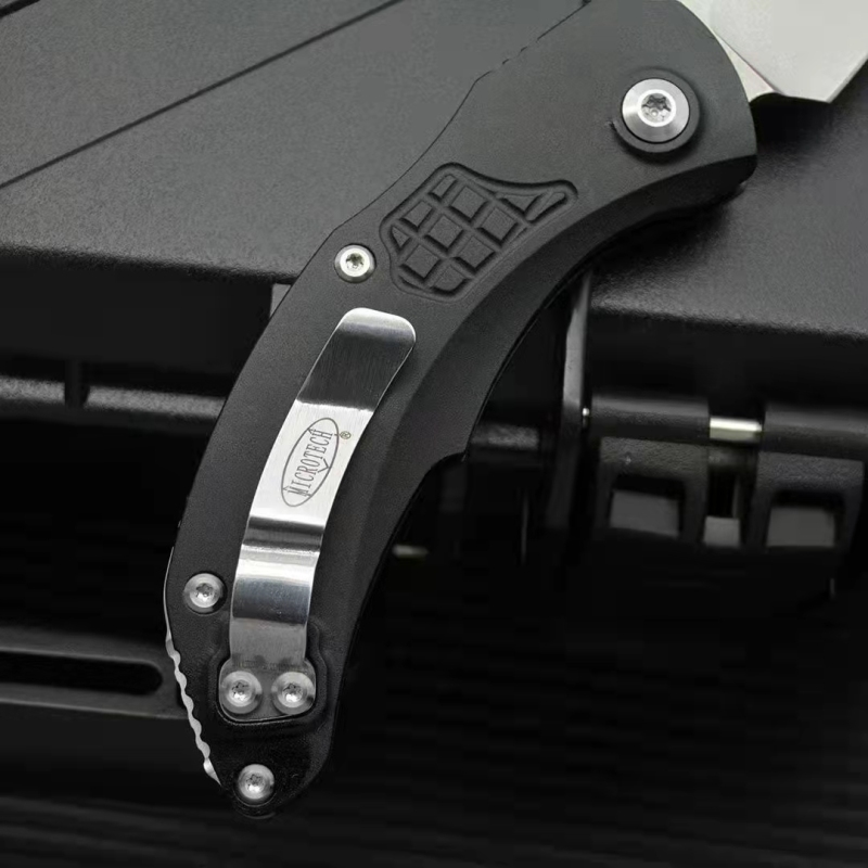 Microtech Brachial AUTO Folding Knife 3.34" M390 Stonewashed Trailing Point Blade, Aviation Aluminum Handles