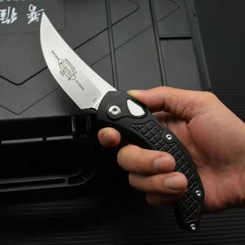 Microtech Brachial AUTO Folding Knife 3.34" M390 Stonewashed Trailing Point Blade, Aviation Aluminum Handles
