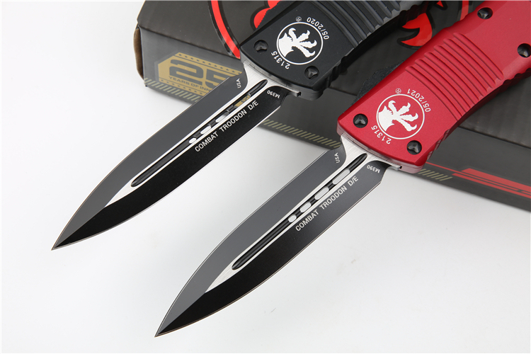 Microtech Troodon AUTO OTF Knife 3.74" M390 Satin Double Edge Dagger Blade, Aviation Aluminum Handles