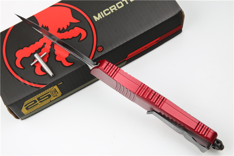 Microtech Troodon AUTO OTF Knife 3.74" M390 Satin Double Edge Dagger Blade, Aviation Aluminum Handles