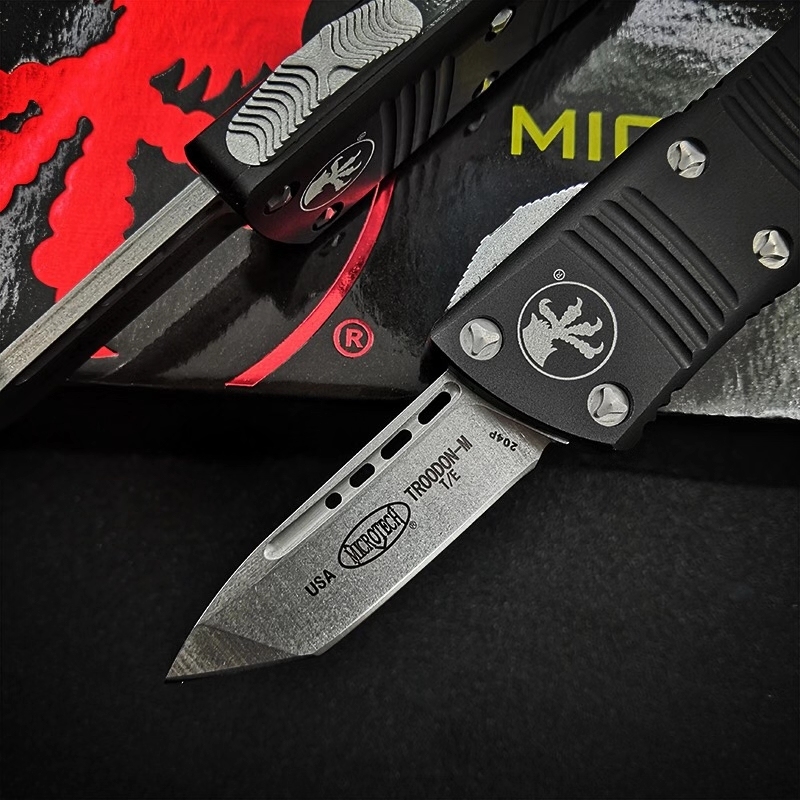 Microtech Mini Troodon AUTO OTF Knife 1.96" D2 Double Edge Blade, Aviation Aluminum(T6 Handles