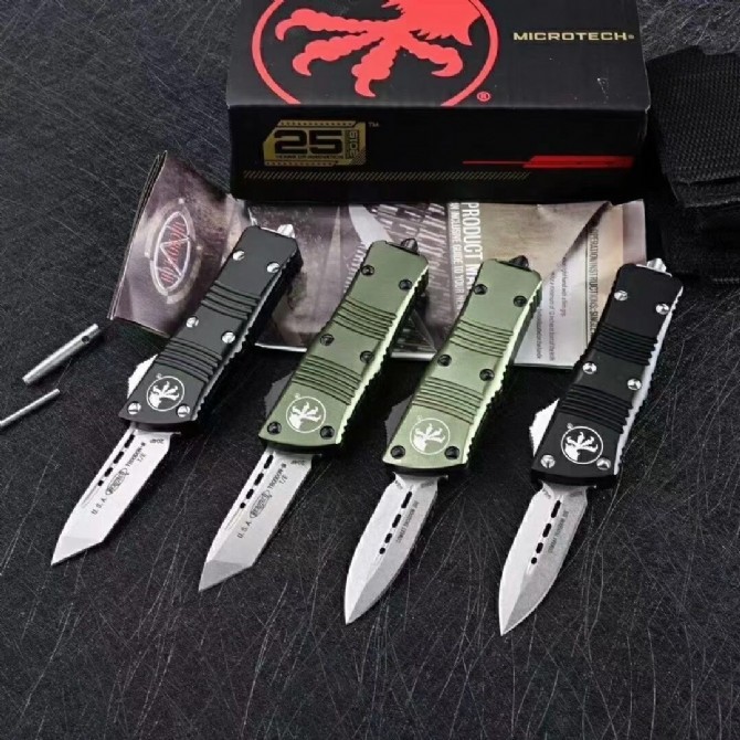 Microtech Mini Troodon AUTO OTF Knife 1.96" D2 Double Edge Blade, Aviation Aluminum(T6 Handles