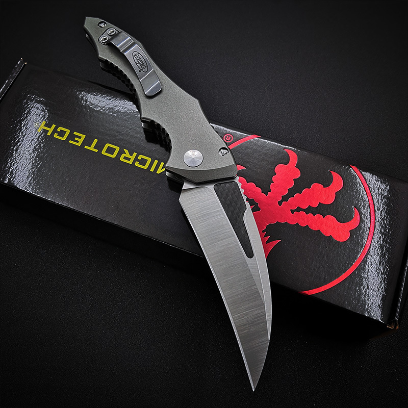 Microtech Hawk Karambit AUTO Folding Knife 3.74" D2 Plain Blade, Aviation Aluminum Handles