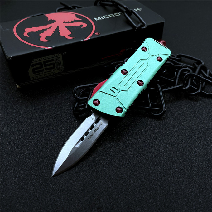 Microtech Mini Bounty Hunter AUTO OTF Knife 1.88" D2 Double Edge Blade, Aviation Aluminum Handles