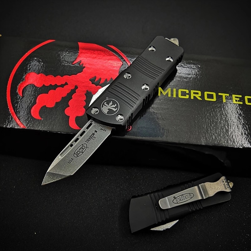 Microtech Mini Troodon AUTO OTF Knife 1.96" D2 Double Edge Blade, Aviation Aluminum(T6 Handles