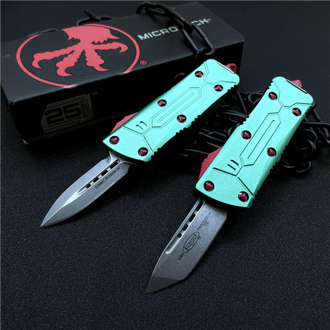 Microtech Mini Bounty Hunter AUTO OTF Knife 1.88" D2 Double Edge Blade, Aviation Aluminum Handles